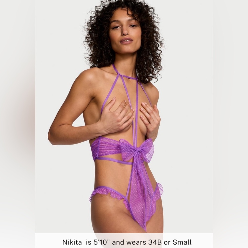 NWT Victoria’s Secret Very Sexy Bow Open-Cup Crotchless Playsuit in Purple - Picture 3 of 6